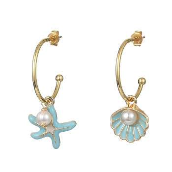 Starfish & Shell Shape Alloy Enamel Asymmetrical Earrings with Natural Pearl, Real 18K Gold Plated Brass Dangle Stud Earrings, Half Hoop Earrings, Sky Blue, 37~40x15~17mm