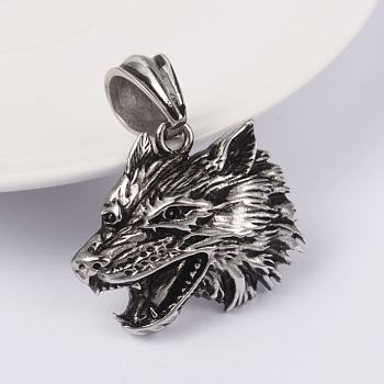 316 Surgical Stainless Steel Pendants, Wolf, Antique Silver, 29x34x8mm, Hole: 7x12mm