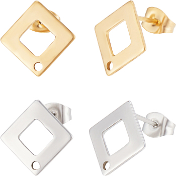 40Pcs 2 Colors 304 Stainless Steel Stud Earring Findings, Rhombus with Hole & Ear Nuts/Earring Backs, Golden & Stainless Steel Color, 14x14mm, Hole: 1mm, Pin: 0.8mm, 20Pcs/color
