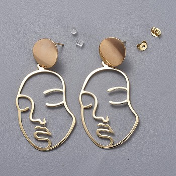 Brass Dangle Earrings, with Plastic Ear Nuts and Brass Ear Nuts, Face, Real 18K Gold Plated, 59~60mm, Pin: 0.7mm