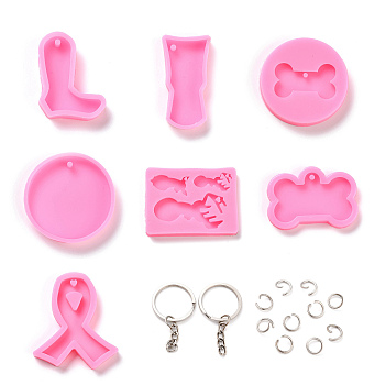 Gorgecraft DIY Keychain Silicone Molds Kits, with Silicone Pendant Molds, Iron Keychain Clasp Findings & Open Jump Rings, Pink, 28pcs/set
