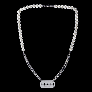 Stainless Steel Curb Chain Necklaces, Imitation Pearl Necklace for Men and Women