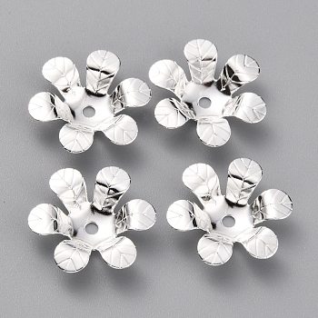 Brass Bead Caps, 6-Petal, Flower, 925 Sterling Silver Plated, 15x13x3mm, Hole: 1.5mm