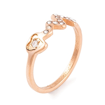 304 Stainless Steel with Rhinestone Heartbeat Finger Ring for Women, Rose Gold, 6.5mm, US Size 6~9(16.5~18.9mm)