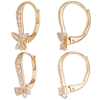 8Pcs 2 Style Brass Cubic Zirconia Leverback Earring Findings, with Horizontal Loops, Nickel Free, Bowknot & Butterfly, Real 18K Gold Plated, 15x12.5x7mm and 18.5x11x7.5mm, Hole: 1mm, pin: 0.7mm and 0.8x1mm, 4Pcs/style