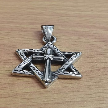 304 Stainless Steel Pendants, Star of David with Cross Charm, Antique Silver, 39x29x5.5mm, Hole: 5x7mm