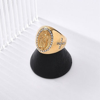 Oval with Saint 304 Stainless Steel Rhinestone Finger Ring for Unisex, Ion Plating(IP), Golden, 19.5mm, Inner Diameter: 17mm