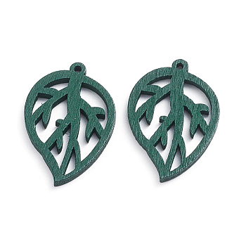 Wooden Pendants, Filigree Joiner Findings, Laser Cut, Dyed, Leaf, Green, 34x22.5x2.5mm, Hole: 1.5mm