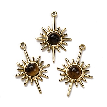 304 Stainless Steel Pave Natural Tiger Eye Pendants, Sun Charms, Real 14K Gold Plated, 27x17.5x4.5mm, Hole: 1.6mm