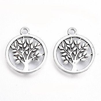 Tibetan Style Alloy Pendants, Lead Free & Cadmium Free, Flat Round with Tree of Life, Antique Silver, 20x17x1mm, Hole: 1.8mm, about 460pcs/500g