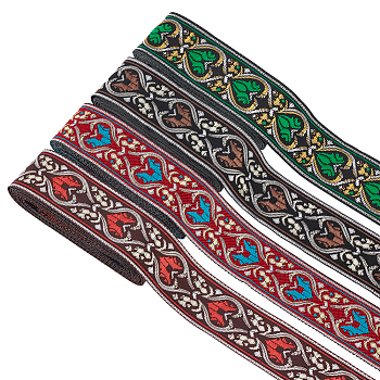 14M 4 Styles Ethnic Style Embroidery Polyester Ribbons, Jacquard Ribbon, Garment Accessories, Floral Pattern, Mixed Color, 1-1/4 inch(33mm), about 3.5m/style