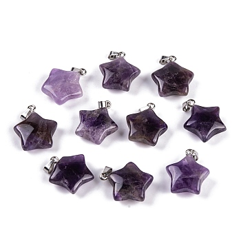 Natural Amethyst Pendants, Star Charm with 201 Stainless Steel Snap on Bails, Stainless Steel Color, 20~21x17~19x7~8mm, Hole: 6x3mm