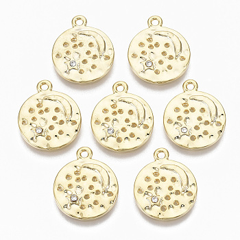 Alloy Pendants, with Crystal Rhinestone, Cadmium Free & Nickel Free & Lead Free, Flat Round with Moon & Star, Real 18K Gold Plated, 18x15x2mm, Hole: 1.5mm