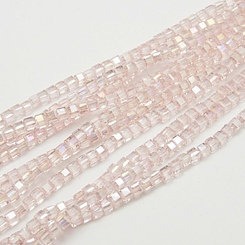 Electroplate Glass Beads Strands, AB Color Plated, Faceted, Cube, Pink, 7~8x7~8x7~8mm, Hole: 1.5mm, about 97~100pcs/strand, 70~71cm