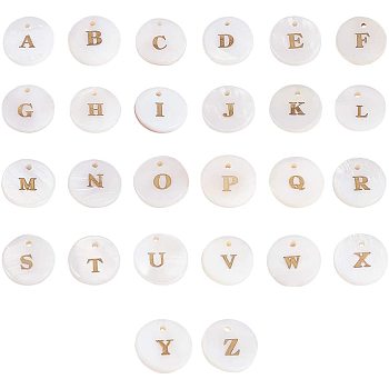 Freshwater Shell Pendants, Flat Round with Gold Blocking  Letter, Letter A~Z, 11.5x2mm, Hole: 1.5mm, 2pcs/color, 52pcs/box