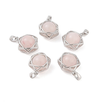 Natural Rose Quartz Round Pendants, Stainless Steel Star of David Charms, Stainless Steel Color, 20x15.5x10.5mm, Hole: 3x5mm