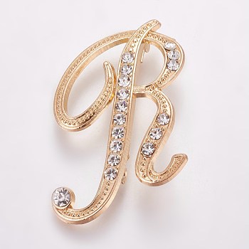 Alloy Brooches, with Rhinestone, Letter, Letter.R, Golden, 48.5x31x3.5mm, Pin: 1mm