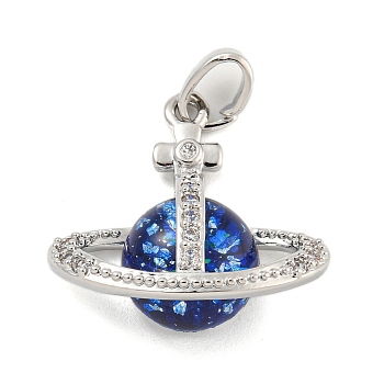 Brass Micro Pave Cubic Zirconia Pendants, with Resin, Planet, Dark Blue, 19.5x20x8mm, Hole: 5x3mm