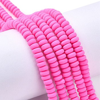 Handmade Polymer Clay Beads Strands, for DIY Jewelry Crafts Supplies, Flat Round, Hot Pink, 6~7x3mm, Hole: 1.5mm, about 113~116pcs/strand, 15.55 inch~16.14 inch(39.5~41cm)