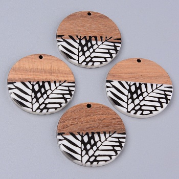 Resin & Walnut Wood Pendants, Two Tone, Flat Round with Leaf, Black, 35x2~3mm, Hole: 2mm