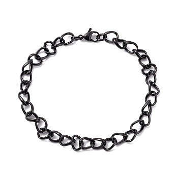 Vacuum Plating Fashionable 304 Stainless Steel Side Twisted Chain Bracelets, with Lobster Claw Clasps , Electrophoresis Black, 7/8 inch(22cm)
