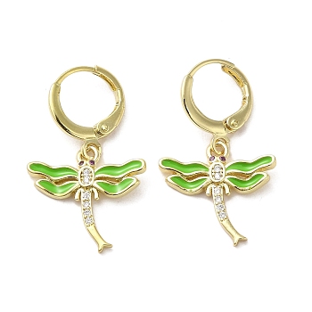 Dragonfly Real 18K Gold Plated Brass Dangle Leverback Earrings, with Enamel and Cubic Zirconia, Green, 30x17.5mm