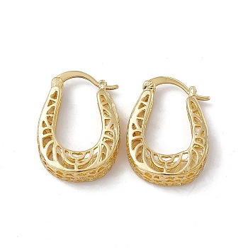 Brass Hoop Earrings for Women, Rack Plating, Long-Lasting Plated, Lead Free & Cadmium Free, Hollow U Shaped, Real 18K Gold Plated, 28x20x7mm, Pin: 1.8mm