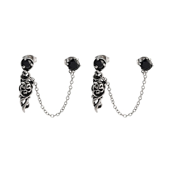 Halloween Skull 316 Surgical Stainless Steel Pave Black Cubic Zirconia Dangle Chains Stud Earrings, Asymmetrical Earrings for Women, Antique Silver, 72mm
