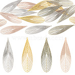 16Pcs 4 Colors Brass Filigree Pendants, Etched Metal Embellishments, Teardrop, Mixed Color, 55x16x0.3mm, Hole: 1.2mm, 4pcs/color(KKC-TA0001-08B)
