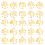 60Pcs Rack Plating 201 Stainless Steel Filigree Pendants, Etched Metal Embellishments, Flat Round with Tree of Life, Real 18K Gold Plated, 15.5x13.5x0.4mm, Hole: 1.2mm(STAS-DC0012-59)