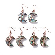 Natural Paua Shell Crescent Moon Dangle Earrings, Brass Wire Wrap Jewelry for Women, Cadmium Free & Lead Free, Rose Gold, 48~50mm, Pin: 0.5mm(EJEW-G307-01RG)