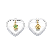 201 Stainless Steel Pendants, with Rhinestone, Heart with Flat Round, Real Gold Plated & Stainless Steel Color, Peridot, 23x24x1mm, Hole: 1.6mm(STAS-N090-LA896-8P)