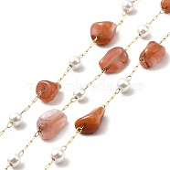 Ion Plating(IP) 316 Surgical Stainless Steel Paperclip Chains, with Natural Carnelian Nuggets Beads and Glass Beads, Soldered, Real 18K Gold Plated, with Spool, Link: 2.5x1x0.5mm(CHS-I019-19D)