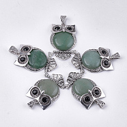 Natural Green Aventurine Big Pendants, with Rhinestone and Alloy Findings, Dyed, Owl, Antique Silver, 50x32x9.5~10mm, Hole: 4.5x9mm(G-S353-01E)