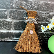 Wood Wicca Broom Car Hanging Decoration, with Alloy Decoration and Teardrop Glass Charm, Moon, 140x90mm(PW-WG30216-13)
