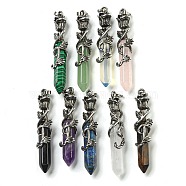 Natural & Synthetic Mixed Gemstone Faceted Double Termimal Pointed Big Pendants, Hexagonal Prism Charms with Alloy Rose Wrapped, Antique Silver, 59.5x14x10.5mm, Hole: 6.5x4.5mm(G-P547-03AS)