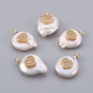 Natural Cultured Freshwater Pearl Pendants, with Cubic Zirconia and Brass Findings, Long-Lasting Plated, Real 18K Gold Plated, Heart, Clear, 14~21x9~16x5~9mm, Hole: 1.5mm(PEAR-F008-23G-03)