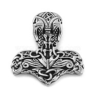 Viking 304 Stainless Steel Pendants, Mjolnir Thor Hammer Charm, Antique Silver, 41x39x7.5mm, Hole: 9mm(STAS-N105-09AS)