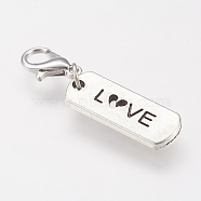 Tibetan Style Alloy Rectangle Pendants, with Word Love, Antique Silver, 8x21x2mm, Hole: 2mm(TIBEP-PH00963-20)