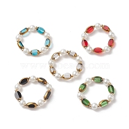Glass Edge Plated Oval & Imitation Pearl Beaded Stretch Rings, 304 Stainless Steel Bead Jewelry for Women, Mixed Color, Inner Diameter: US Size 14(23mm)(RJEW-JR00547)