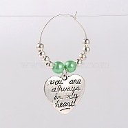 Tibetan Style Heart with Word You Are Always In My Heart Wine Glass Charms, Antique Silver, Light Green, 46mm, Pin: 0.7mm(AJEW-JO00028-03)