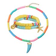Stretch Bracelets and Pendant Necklace Jewelry Sets, with Handmade Polymer Clay Heishi Beads, Brass Spacer Beads, Alloy Findings and Synthetic Turquoise Pendants, Mixed Color, Inner Diameter: 2-1/8 inch(5.5cm), 3pcs/set(SJEW-SZ0001-003)