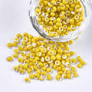 Glass Seed Beads, Fringe Teardrop Beads, Opaque Colours, Two Tone, Yellow, 3.5~4x2.5~6mm, Hole: 1mm, about 4500pcs/bag(SEED-R032-01-C01)