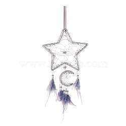 Star Moon Woven Web/Net with Feather Wall Hanging Decorations, with Iron Ring and Maple Leaf Charm, for Home Bedroom Decorations, Steel Blue, 420mm(PW-WG88988-01)