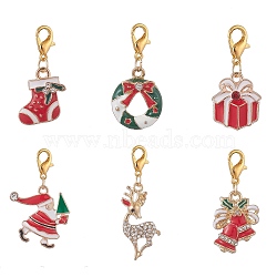 Christmas Theme Alloy Rhinestone & Enamel Pendant Decorations, with Alloy Lobster Claw Clasps, Mixed Shapes, Golden, 30~43mm, 6pcs/set(HJEW-JM00980)