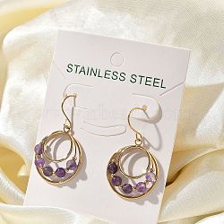 304 Stainless Steel Dangle Earrings, with Natural Amethyst Beads, Ion Plating(IP), Flat Round, Golden, 37.5x22mm(EJEW-F354-04G)