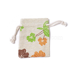 Burlap Packing Pouches, Drawstring Bags, Rectangle with Leaf Pattern, Colorful, 8.7~9x7~7.2cm(ABAG-I001-7x9-10)