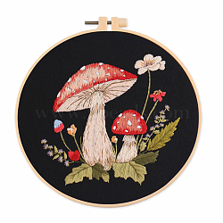 Mushroom Pattern Embroidery Starter Kits, including Embroidery Fabric & Thread, Needle, Embroidery Hoop, Instruction Sheet, Black, 300x300mm(MUSH-PW0003-01E)