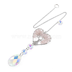 Natural Rose Quartz Big Pendants, with Platinum Brass Chain Extender and Findings, Plating Glass Teardrop & Flower, Clear AB Color, Heart with Tree of Life, 130mm, Hole: 4mm(G-N333-008C)