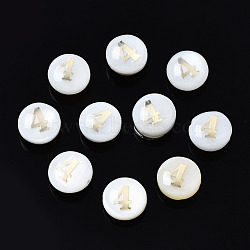 Natural Freshwater Shell Beads, with Golden Plated Brass Metal Embellishments, Flat Round with Number, Num.4, 8x4.5mm, Hole: 0.8mm(SHEL-N003-20-04)